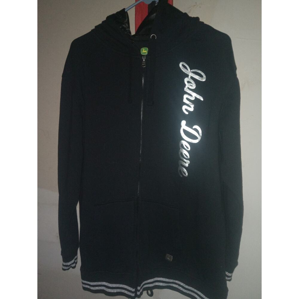 John Deere Women’s XL Black & Silver Full Zip Up Sweatshirt Hoodie Jacket